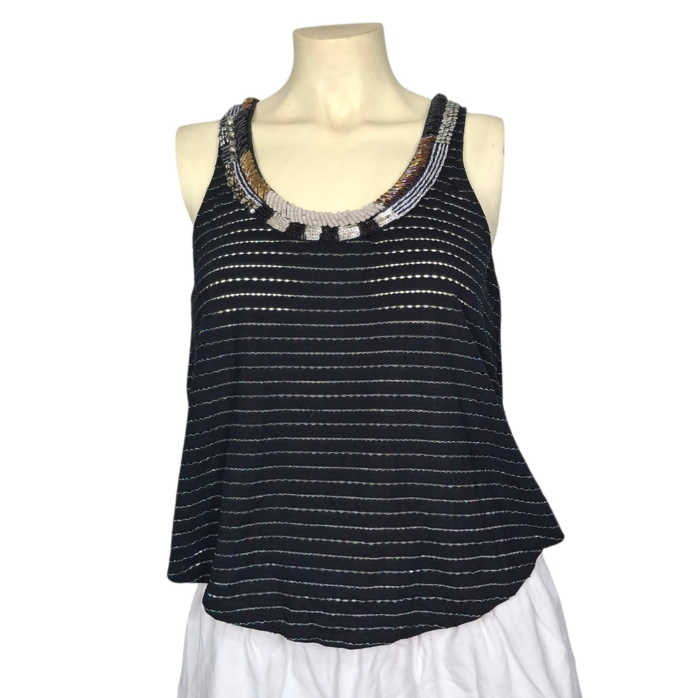 Free People Black and White Striped Camisole with Embellished Neckline